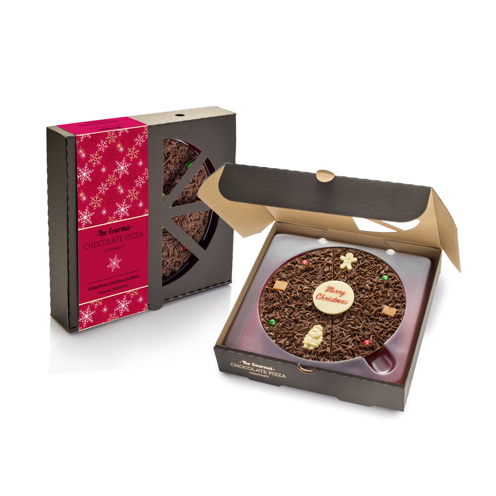 7 inch Christmas Chocolate Pizza will be delivered in a black stylish pizza box with a festive wrap-around sleeve.